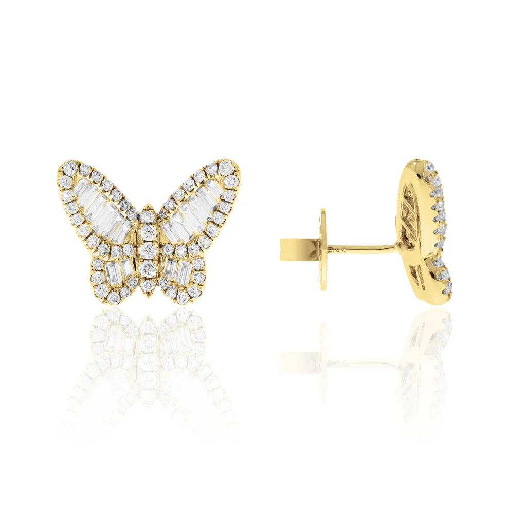 Elegant butterfly studs, their unique shape-baguette diamonds will spark at every angle.