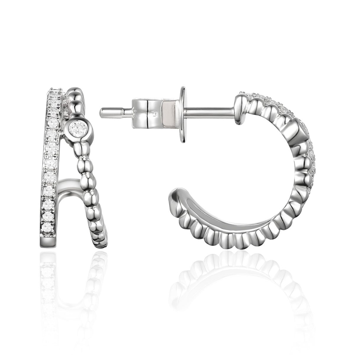 Double huggie earring adorned with beaded accents and diamonds. Secure and perfect size for everyday