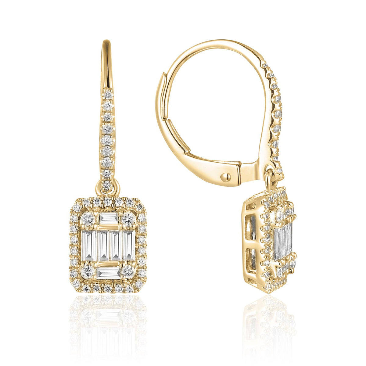 Baguette Diamond Leverback earrings. Easy to wear, sturdy and secure with shimmering diamonds. 