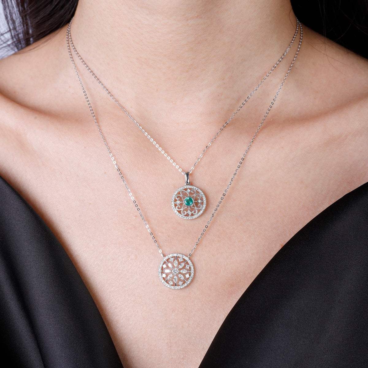 Classic necklace with a modern twist. Center precious stone with mesmerizing surrounding & diamonds