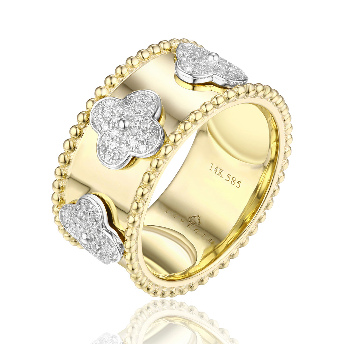 Discover elegance with the Alhambra Wide Band ring in 14k gold, encrusted with sparkling diamonds. 