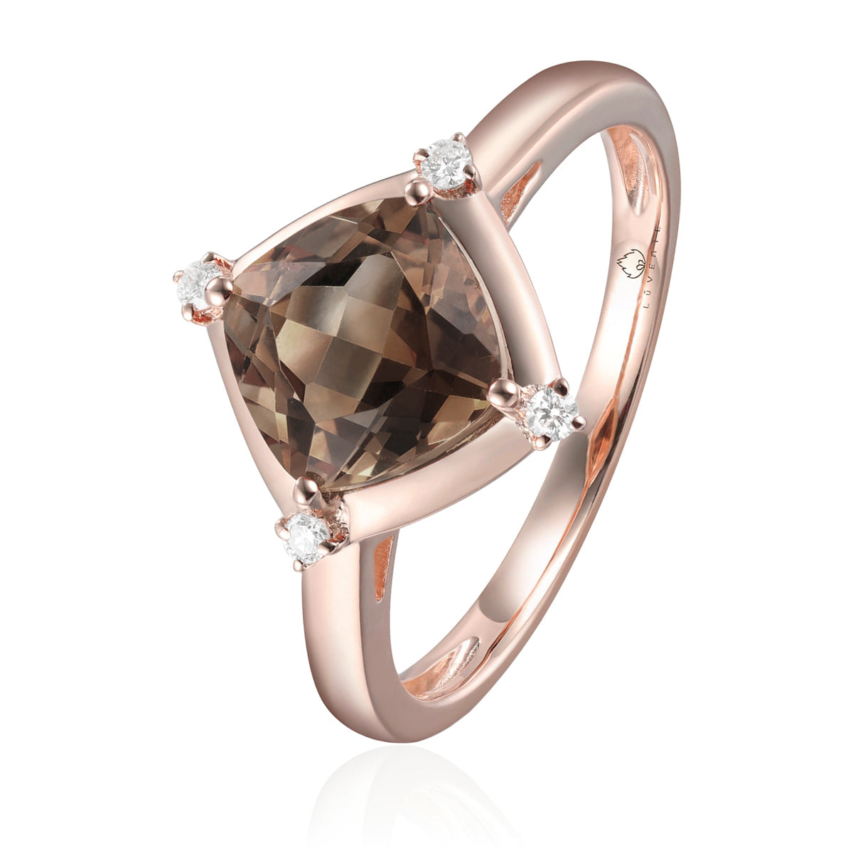 Stunning ring with a gemstone at an angle with diamonds at each corner to accentuate its color. 