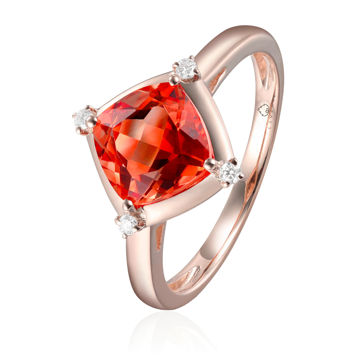 Stunning ring with a gemstone at an angle with diamonds at each corner to accentuate its color. 