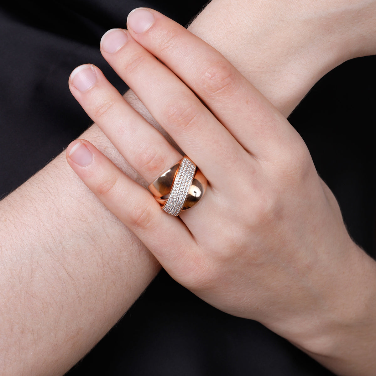 Chunky X ring from14k gold, timeless accessory adorned with diamond stones to make a bold statement