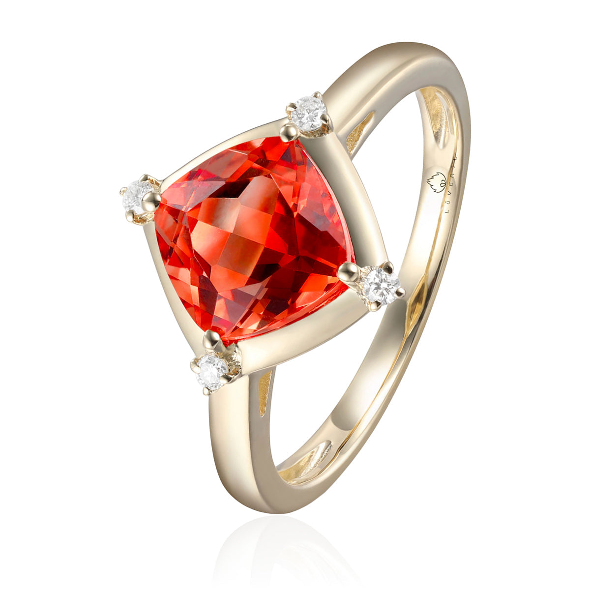 Stunning ring with a gemstone at an angle with diamonds at each corner to accentuate its color. 