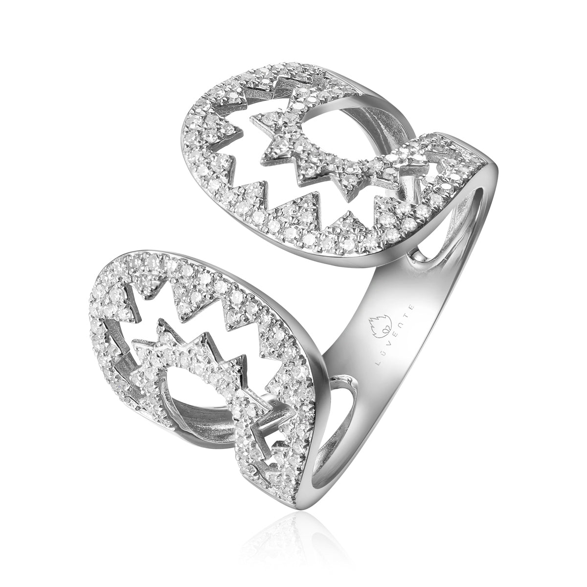 Perfect balance of contemporary & sophistication with geometric open design. Embezzled with diamonds