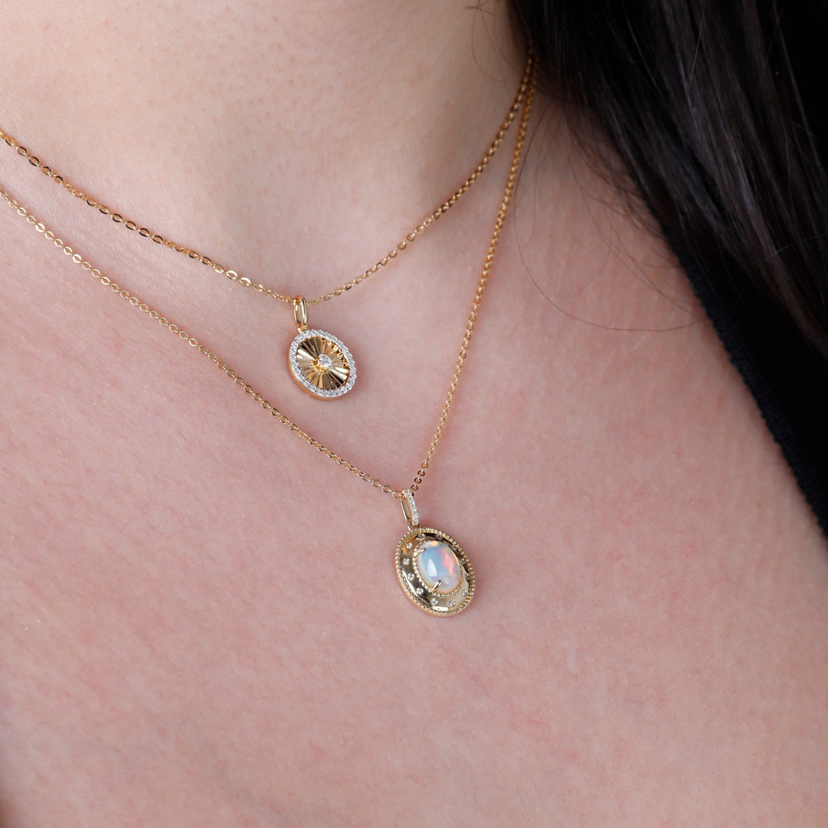Chunky Opal Necklace in a robust chain and a gleaming opal with chunky pendant surrounding