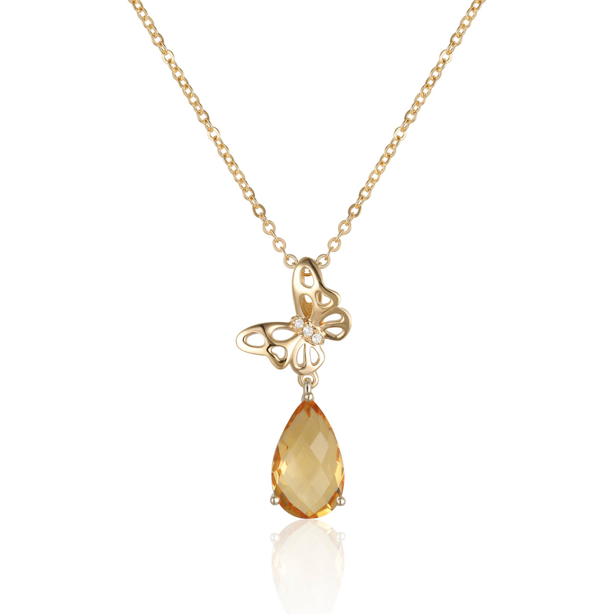 Timeless butterfly design in gold with a dangling gemstone. Variety of gemstone for self-expression