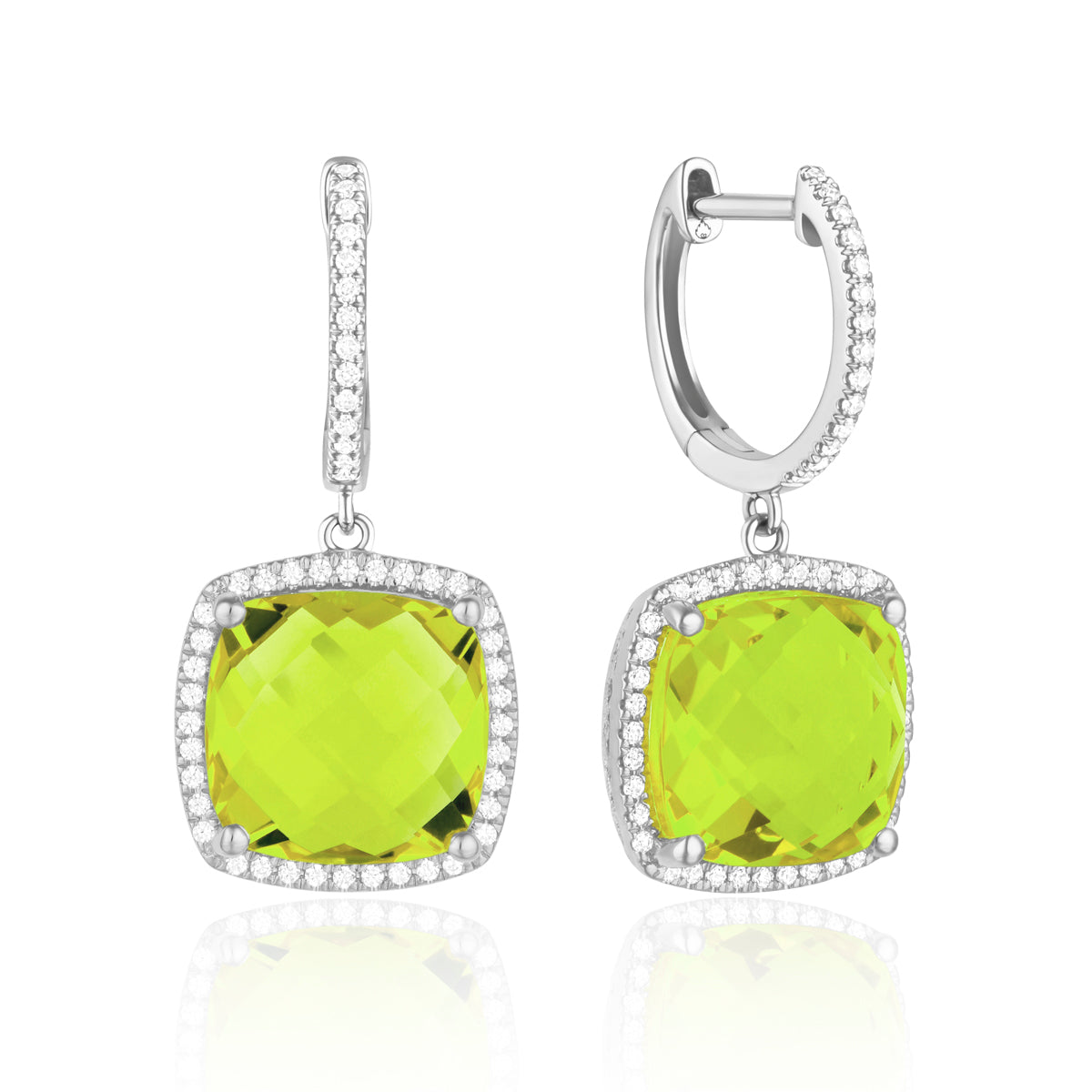 Checkerboard Cushion earrings, cushion gemstones for a pop of color with diamond halo