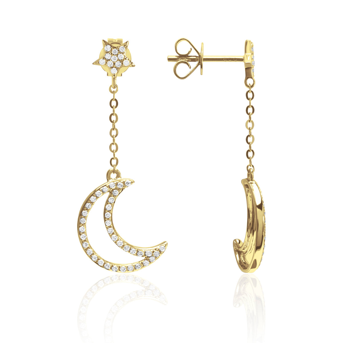 Diamond Dangle Earring showcasing a crescent. Capturing majestic allure with embellished diamonds