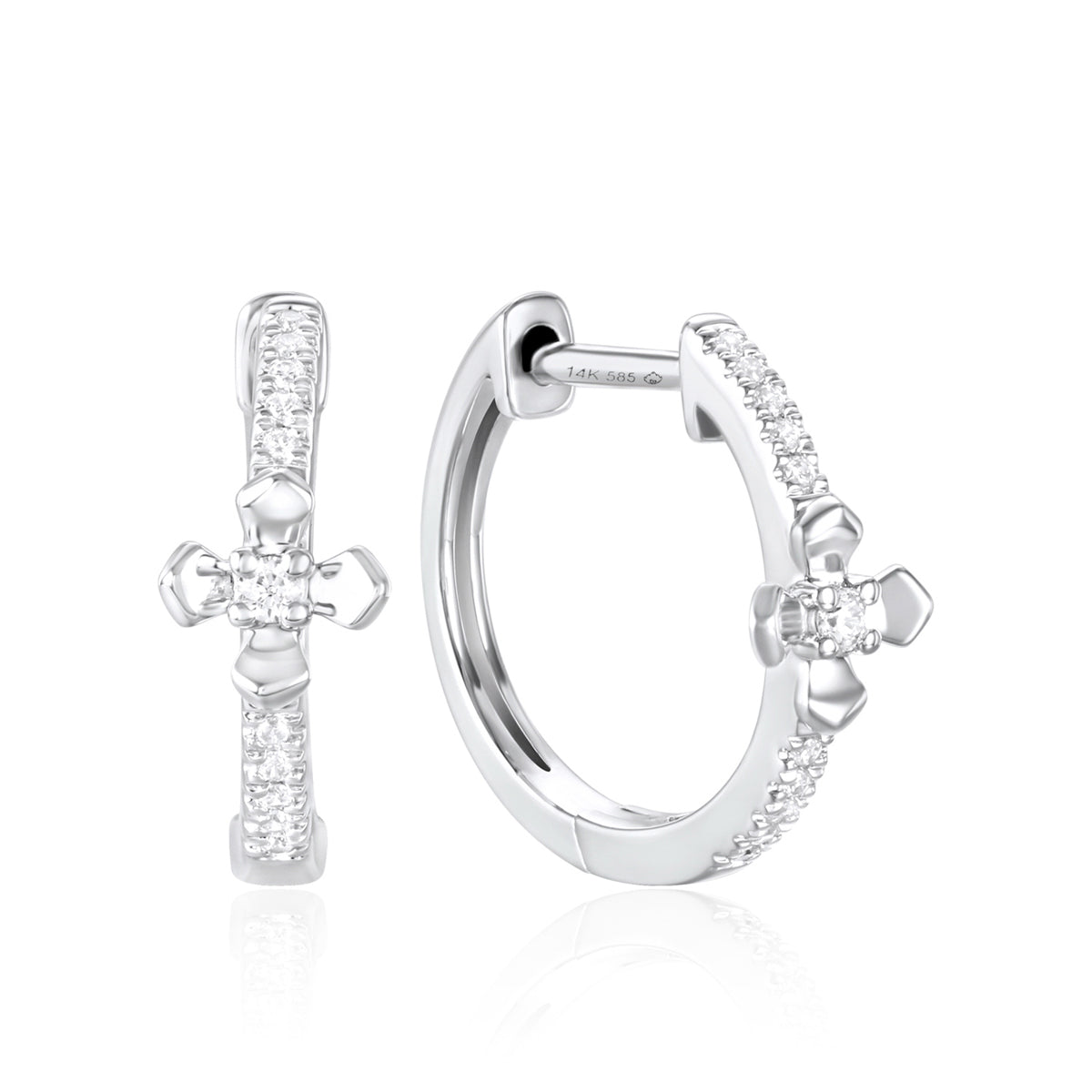Classic hoops with cross pave design. The intricate design makes for an eye-catching touch