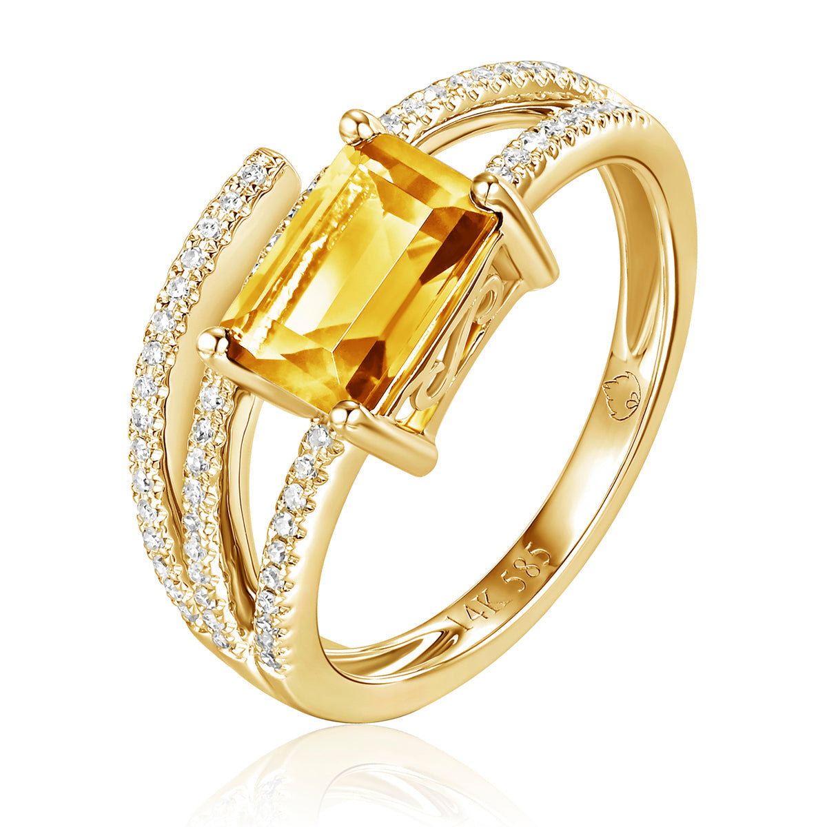 Luxurious ring showcases a semi-precious stone enveloped by three dazzling diamond bands