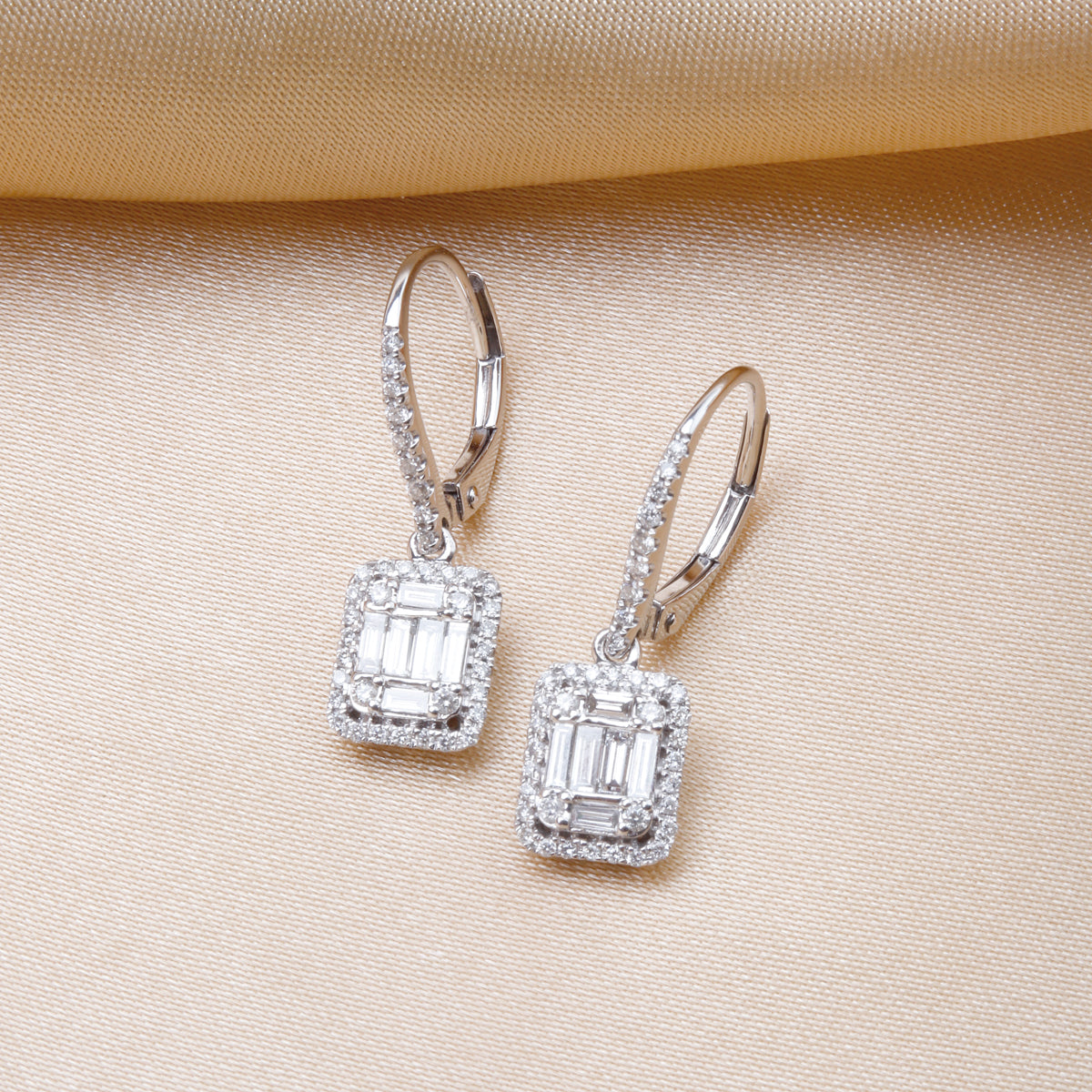 Baguette Diamond Leverback earrings. Easy to wear, sturdy and secure with shimmering diamonds. 