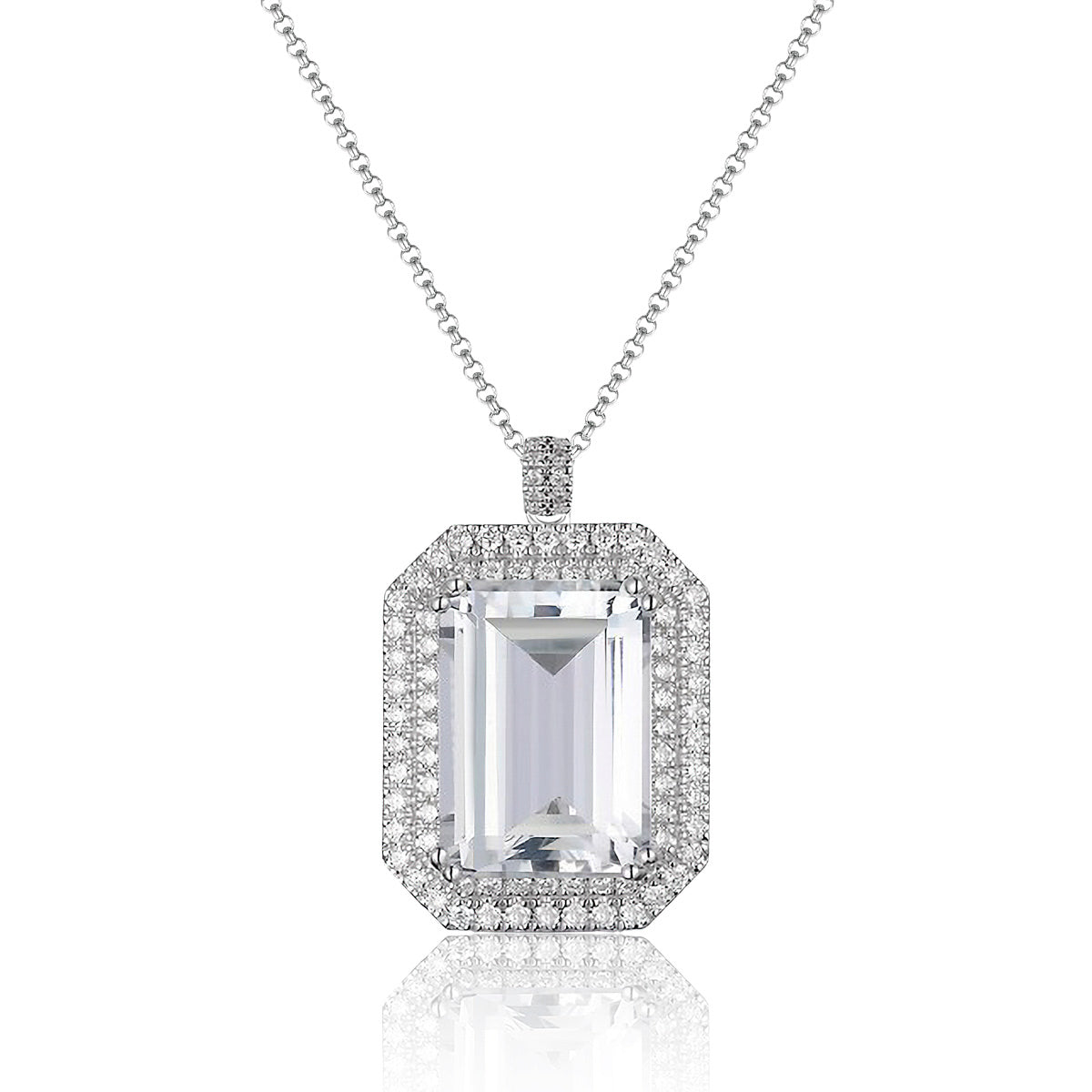 Double Halo Emerald Cut Necklace