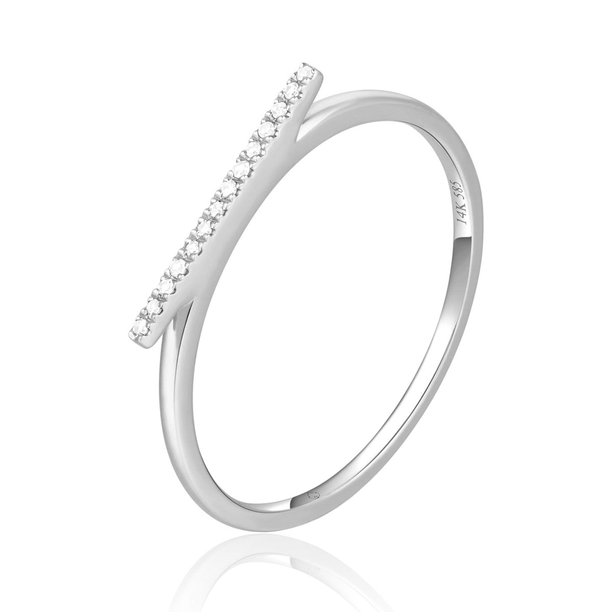 Crafted with sleek sophistication. Golden bar of alluring diamonds, showcased in polished 14K ring.