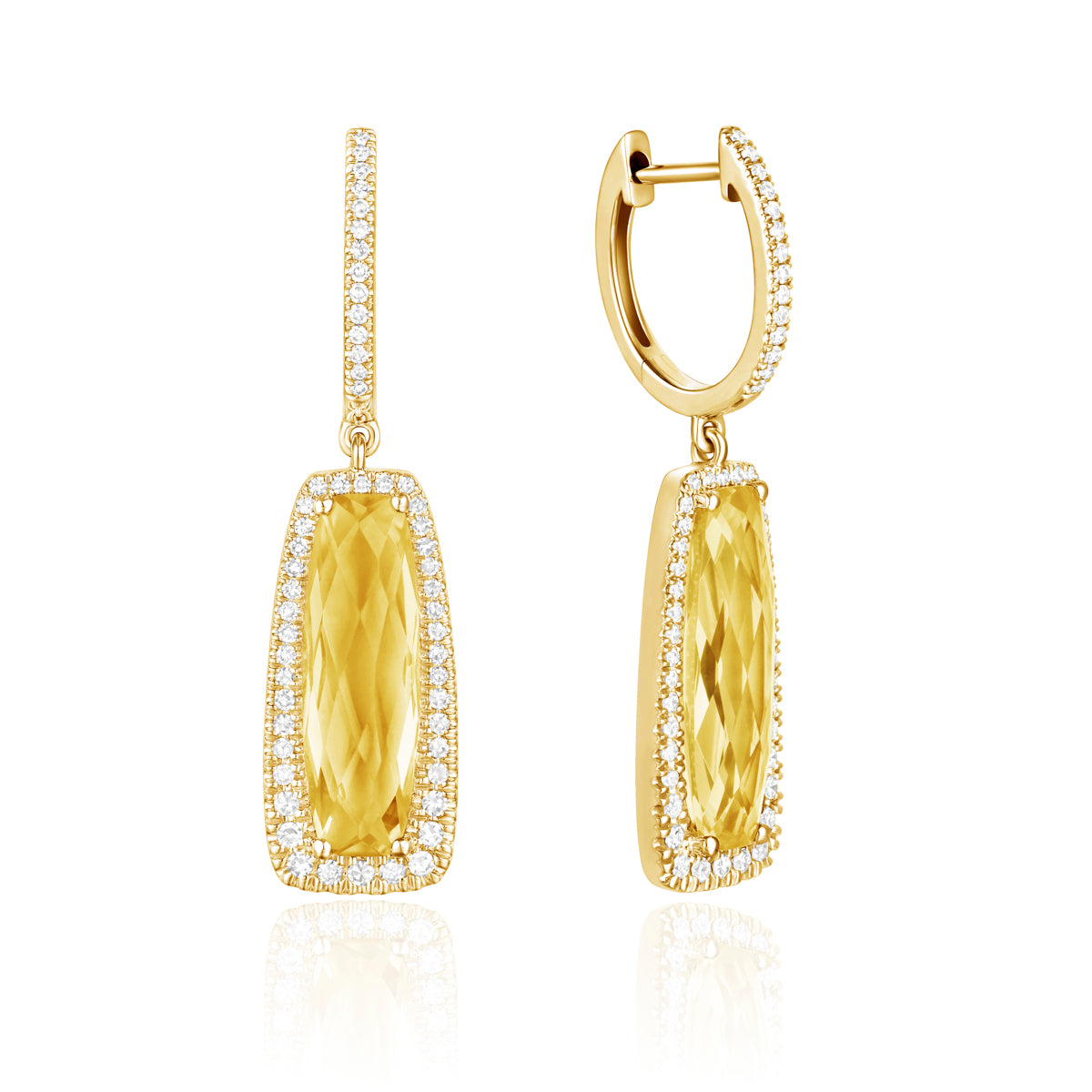 Dangle Gemstone Earrings with a halo of diamonds illuminating the playful gem for any special event