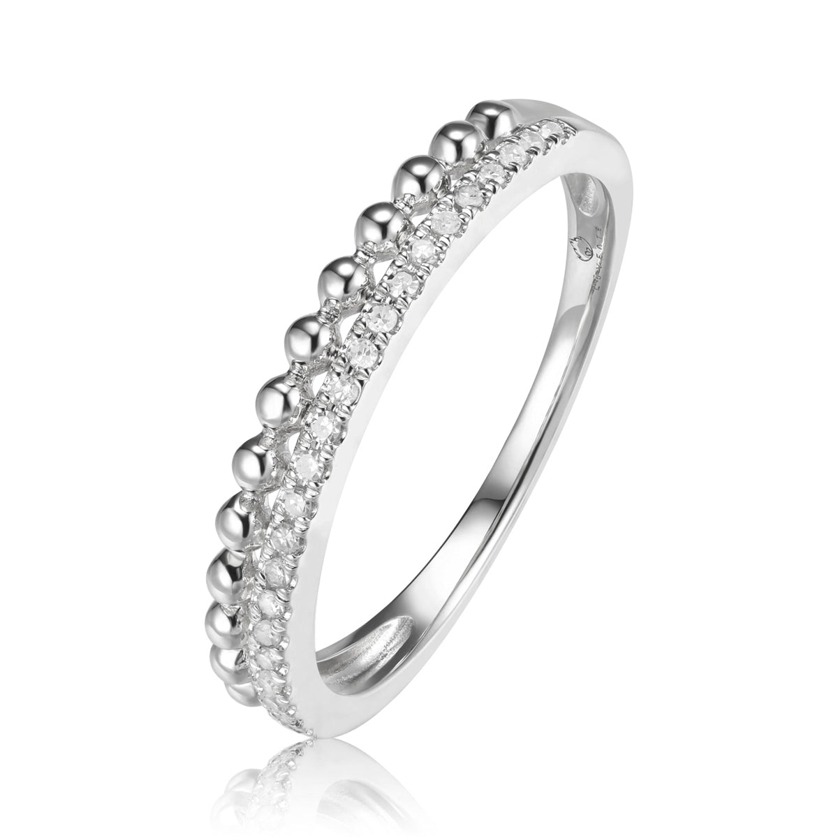 Romantic ring features a bar of diamonds stacked on a beaded bar. Make a statement of elegance.