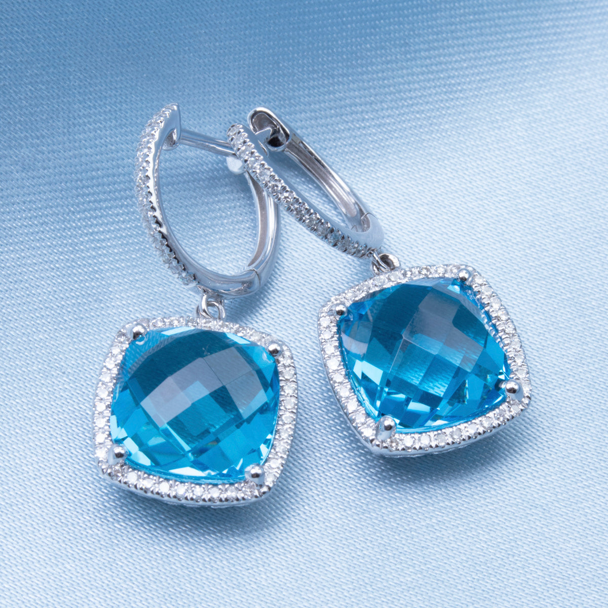 Checkerboard Cushion earrings, cushion gemstones for a pop of color with diamond halo