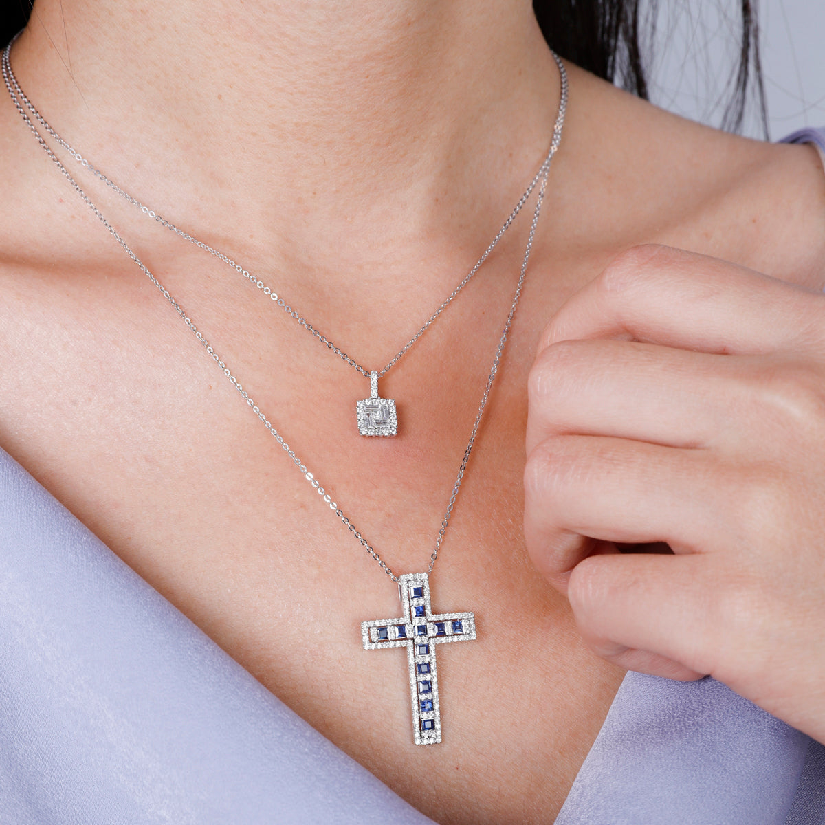 Art Deco Jewelry with our Precious Cross Necklace. Elevate your style with precious stones. 