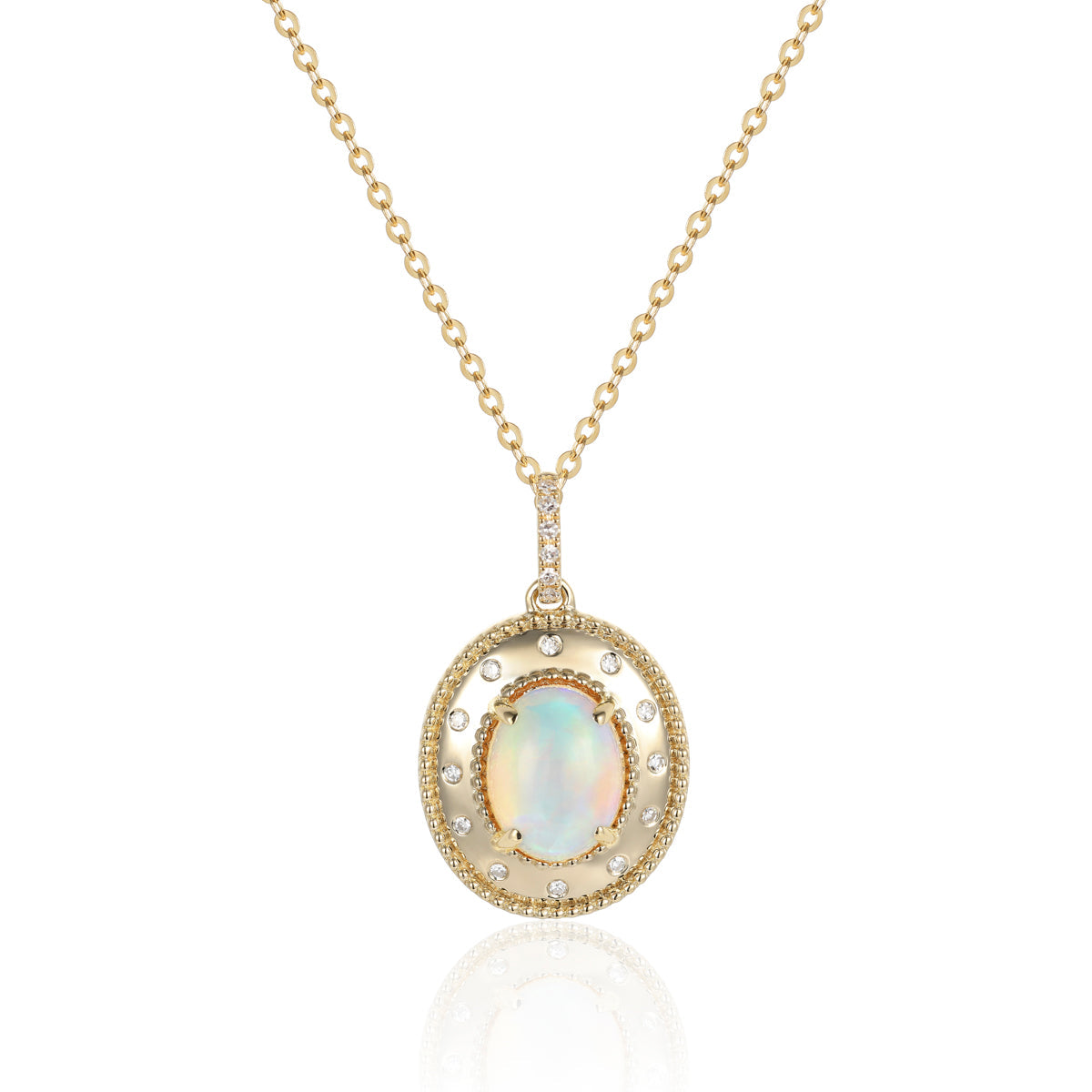 Chunky Opal Necklace in a robust chain and a gleaming opal with chunky pendant surrounding