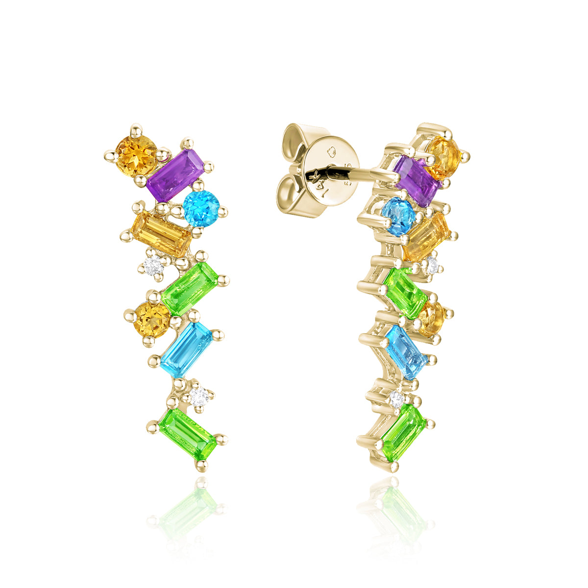 14K Baguette Drop Earrings are crafted of solid gold and gemstone variations. 