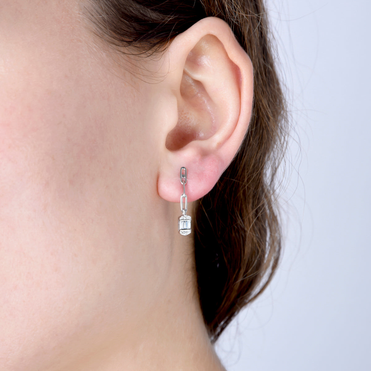 Chain Baguette Drop Earrings,  baguette-cut gemstones and delicate chain drop design.