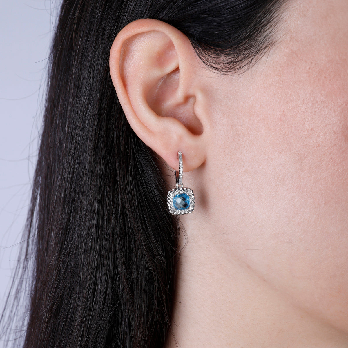 Braided Cushion Cut Earring, gemstone surrounded by a halo of pave diamonds and braided perimeter