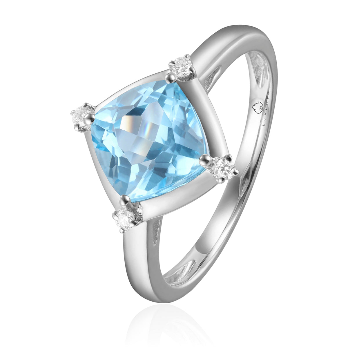Stunning ring with a gemstone at an angle with diamonds at each corner to accentuate its color. 
