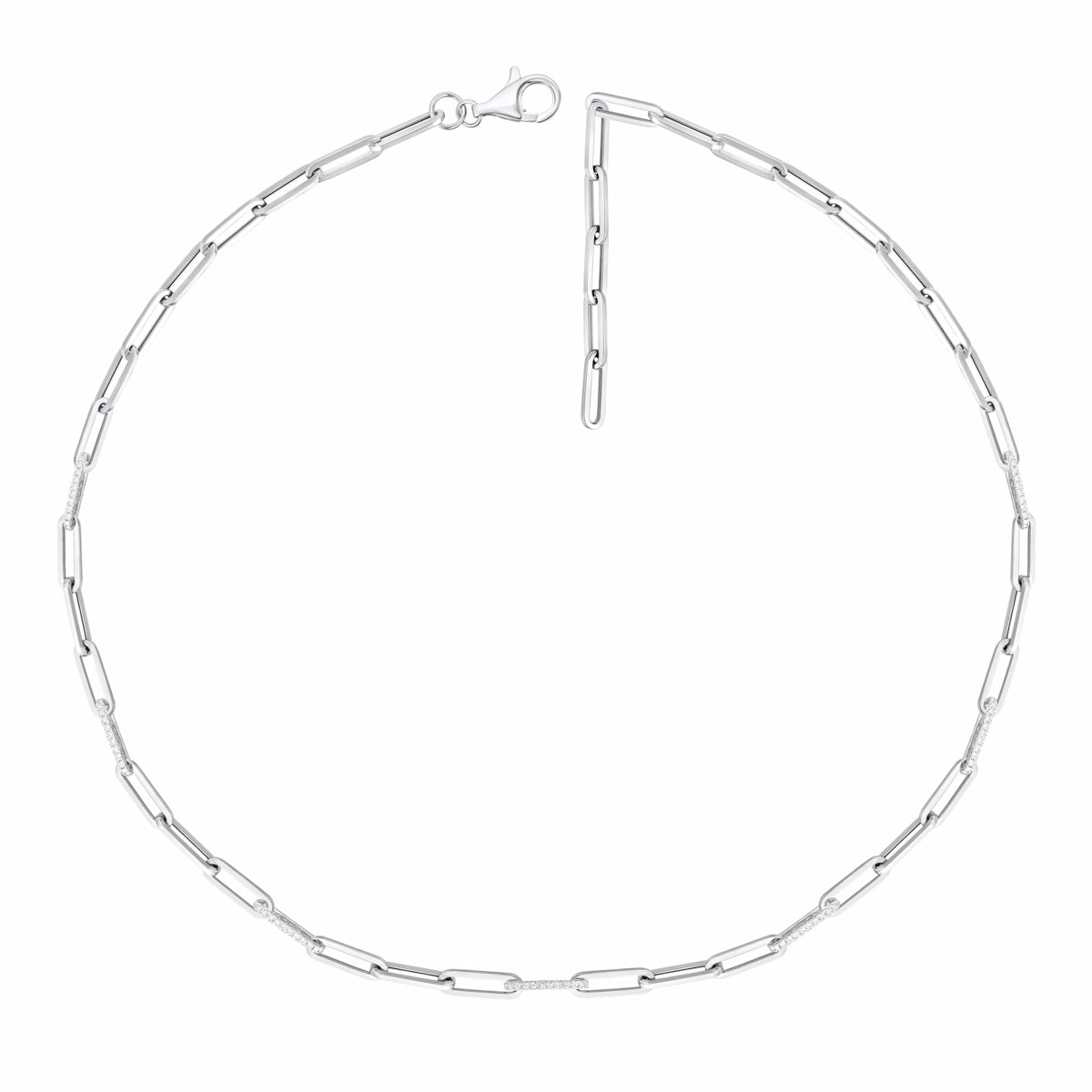 Diamond chain necklace features strand of round diamonds, set in row down center of a classic chain