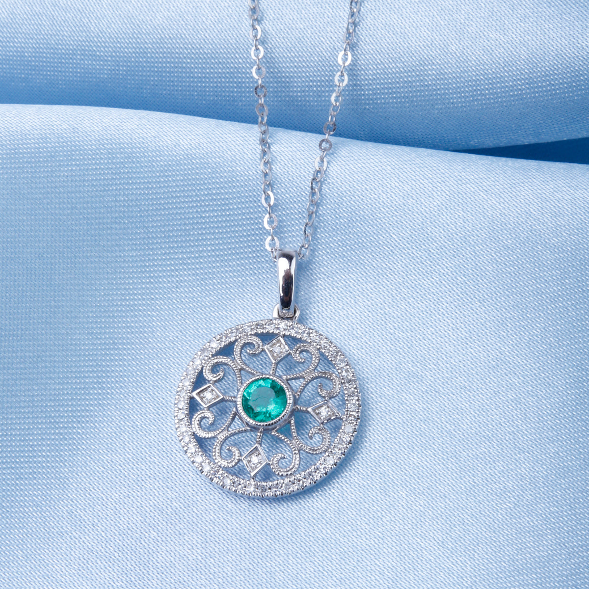 Classic necklace with a modern twist. Center precious stone with mesmerizing surrounding & diamonds