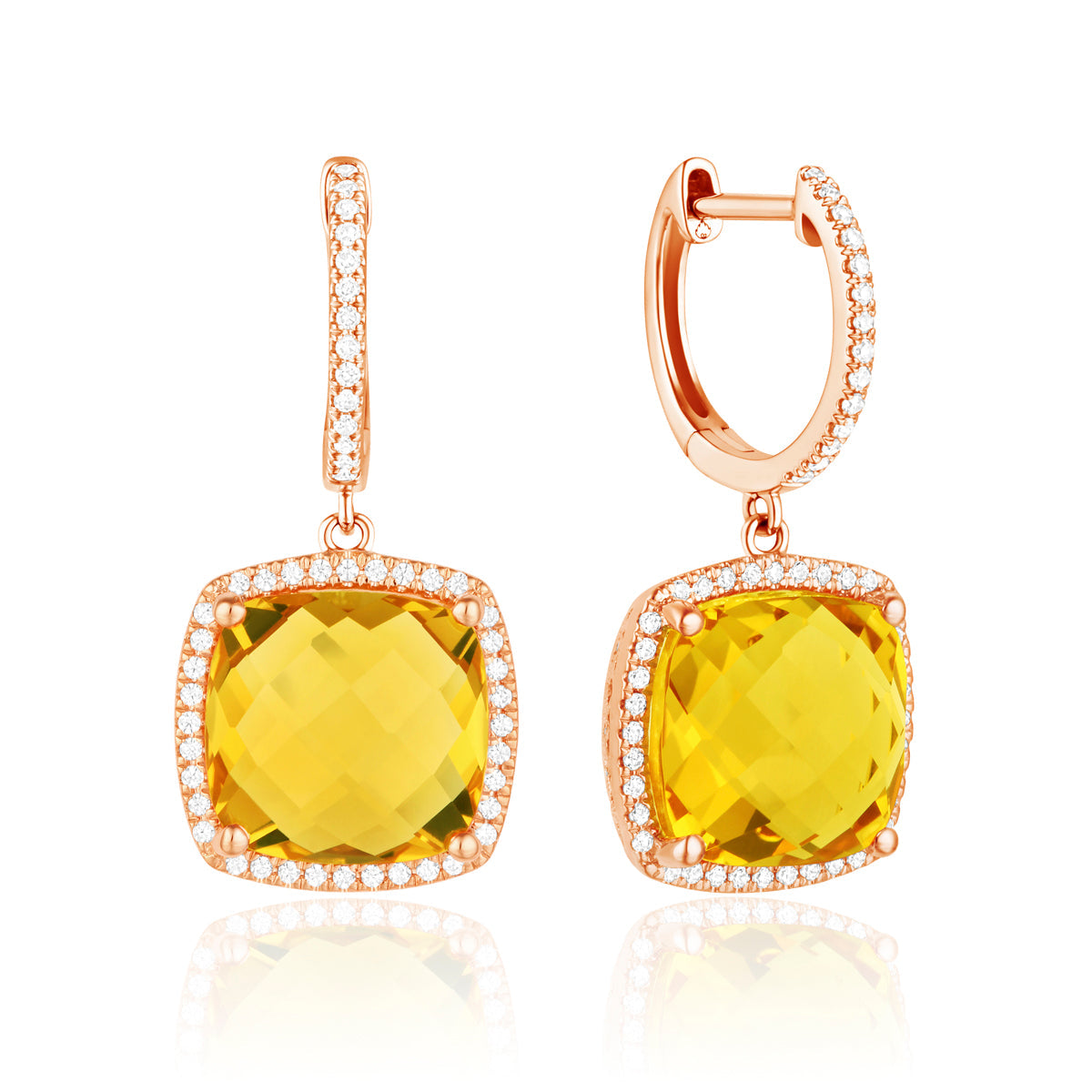 Checkerboard Cushion earrings, cushion gemstones for a pop of color with diamond halo