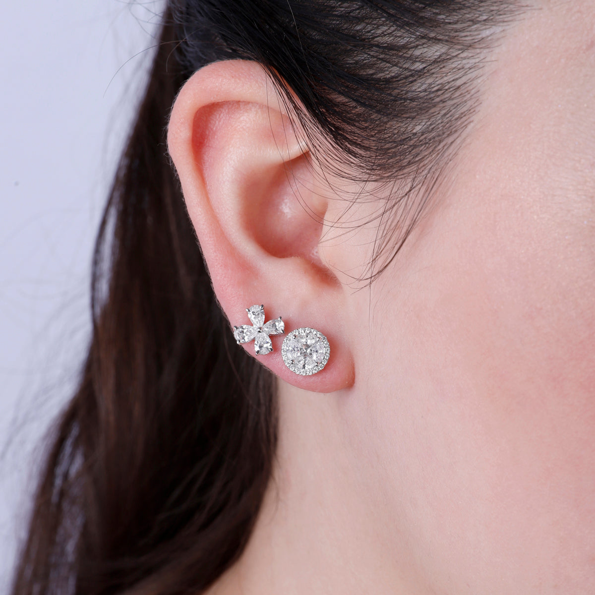 Bold fashion statement, Cluster Marquise Round Studs with different size diamonds in a bold allure