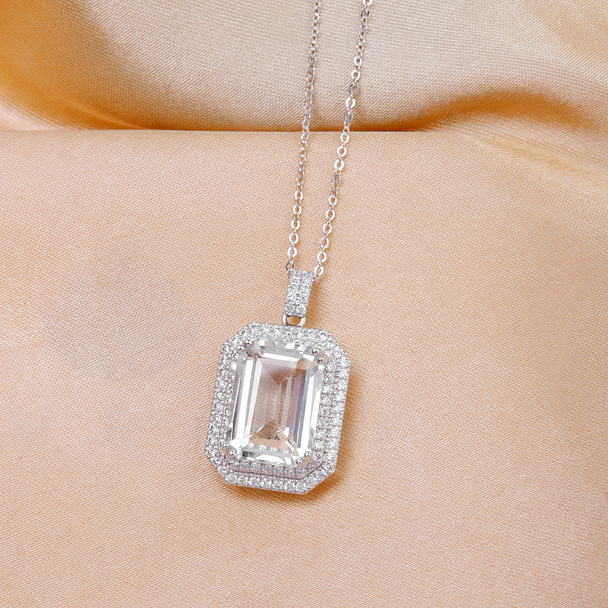 Double Halo Emerald Cut Necklace