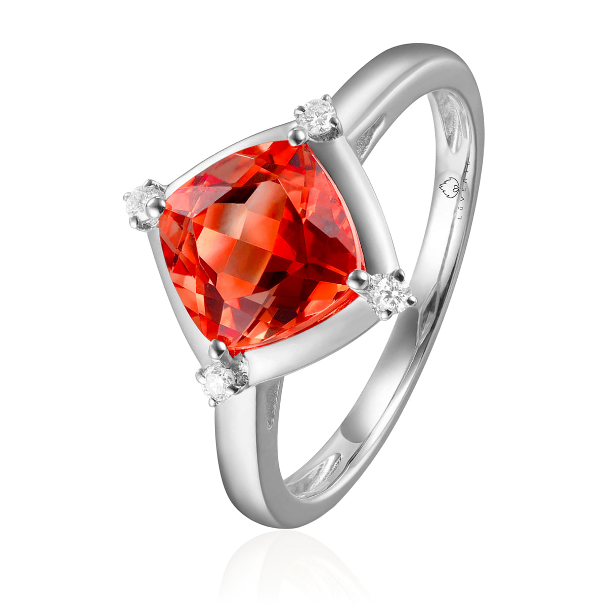 Stunning ring with a gemstone at an angle with diamonds at each corner to accentuate its color. 