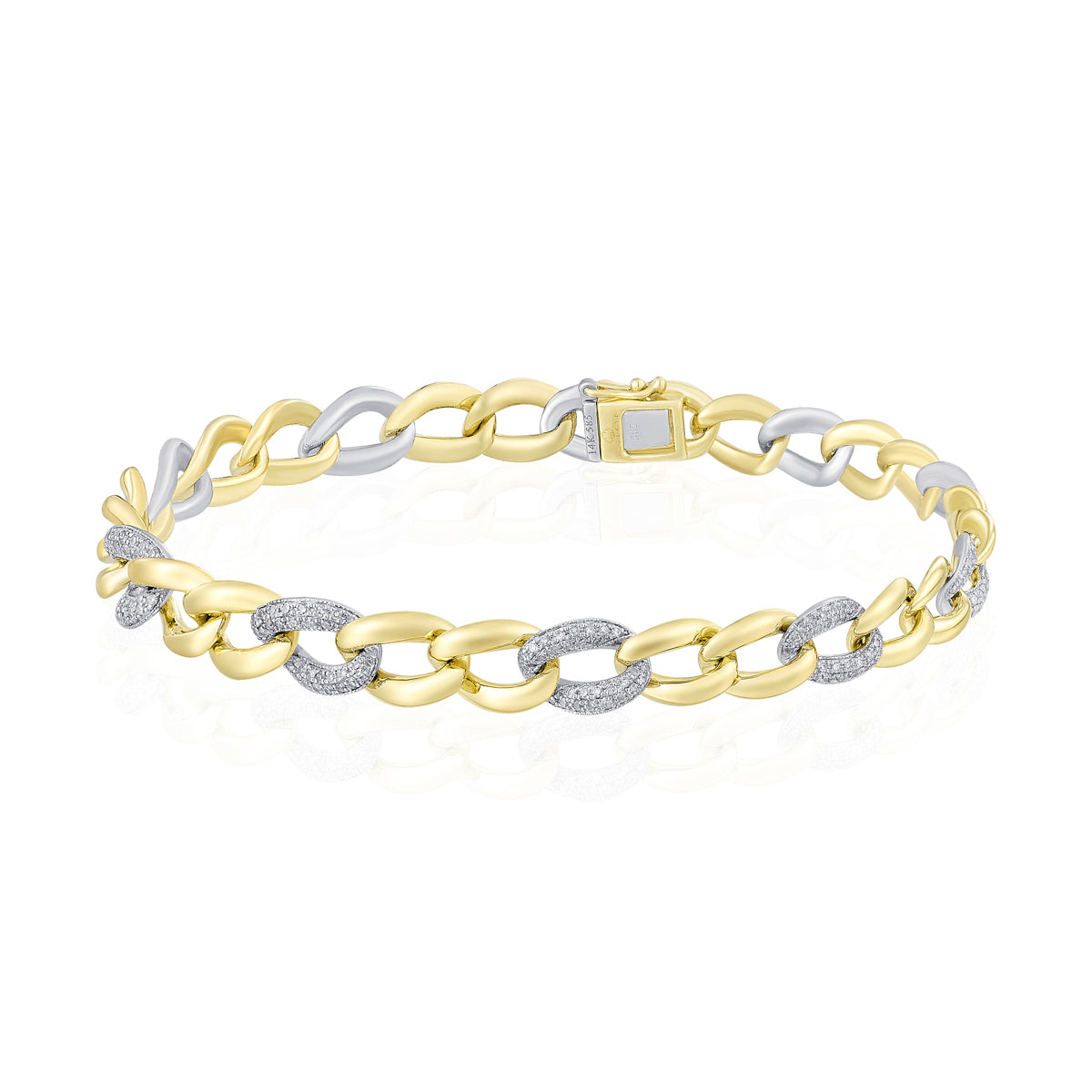 Gold chain bracelet with blend of shimmering diamond pavéd links and polished white gold.