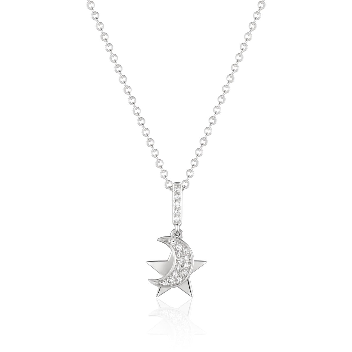 Captivating inspired cosmo necklace with a diamond moon/star. An illuminating essence for everyday