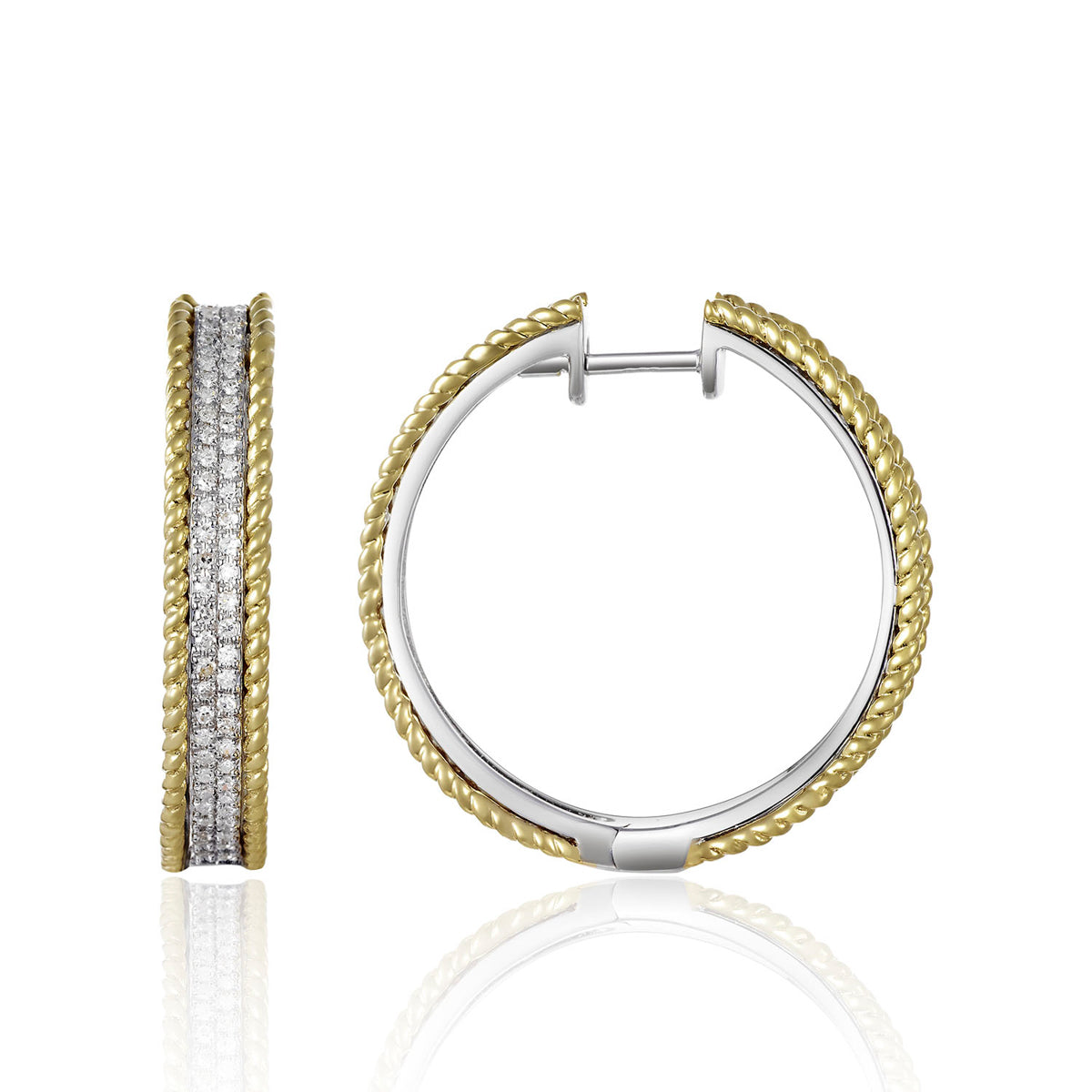 Cable frame Hoops features a frame design that is set with sparkling round diamonds on either side,
