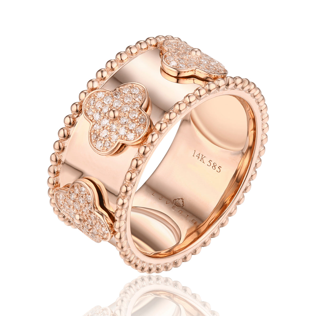 Discover elegance with the Alhambra Wide Band ring in 14k gold, encrusted with sparkling diamonds. 