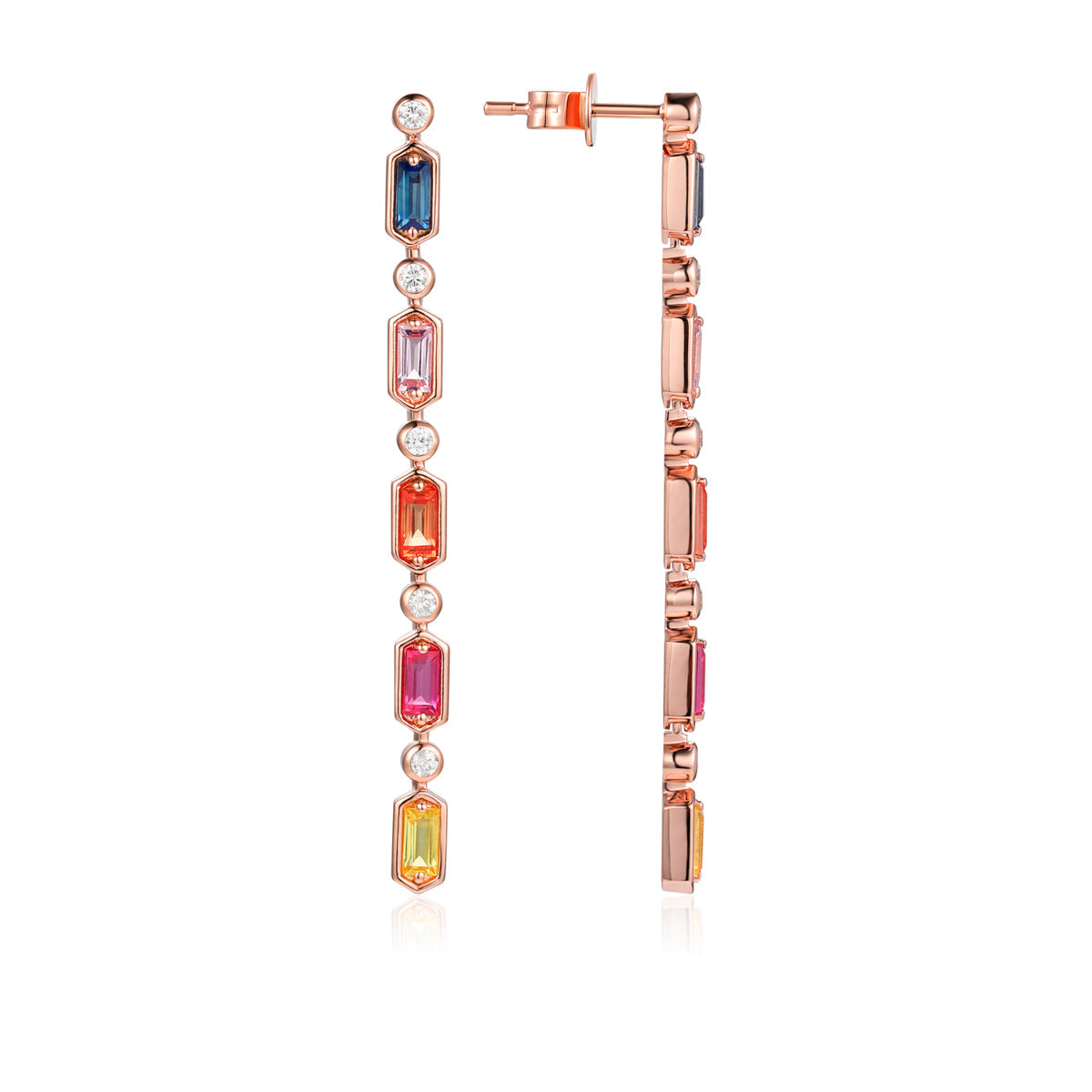 Pop of color with hues of sapphires accented with round diamonds set in 14k gold drop. 