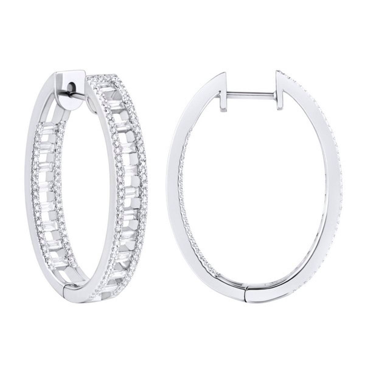 14k diamond hoops with a baguette cute design. Small diamonds around the hoop for a stylish look. 