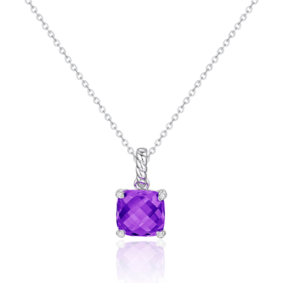 Braided Princess Cut Necklace features gemstone with a braided bail that creates elegance. 