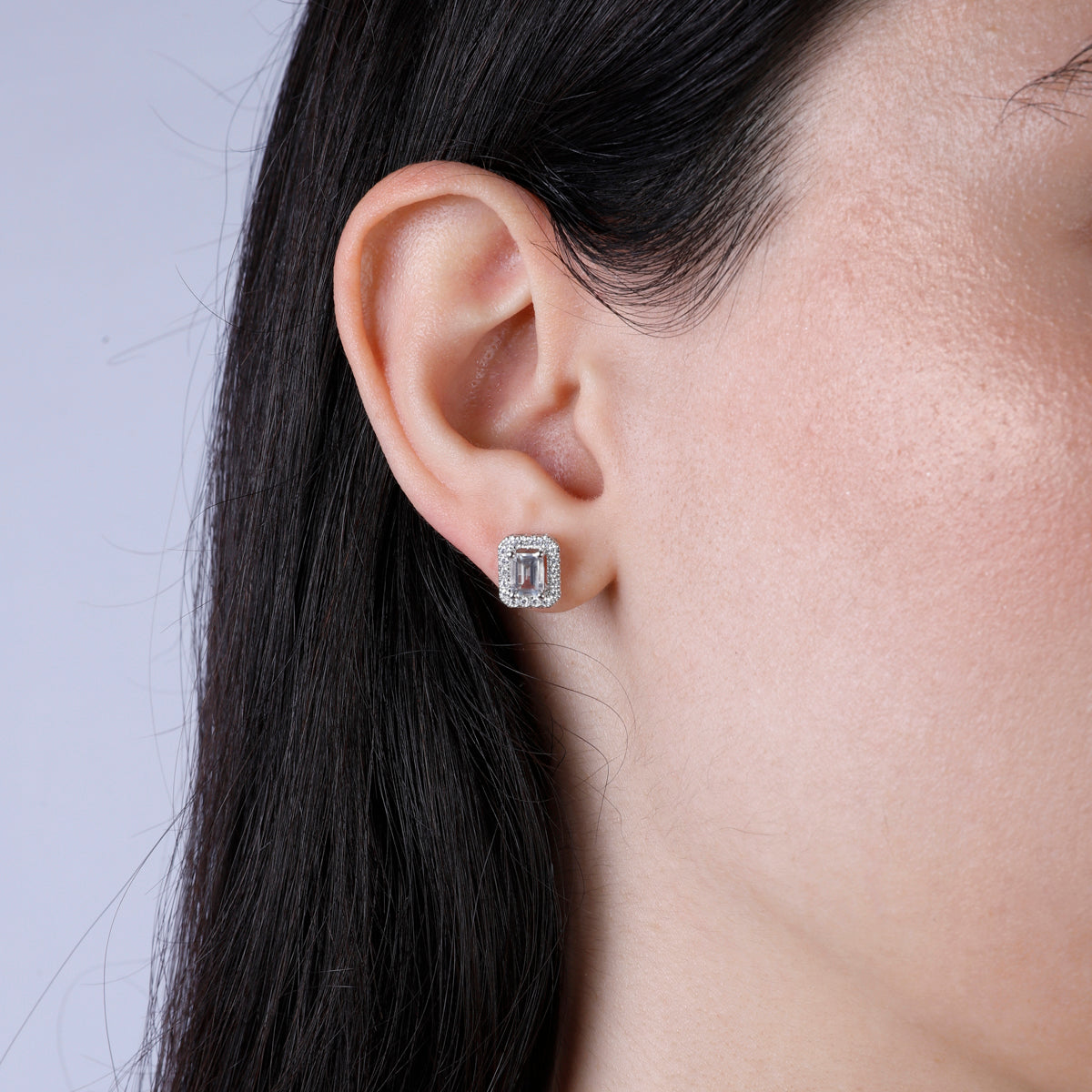 Emerald Cut Halo Studs