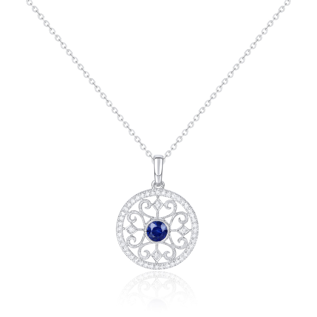 Classic necklace with a modern twist. Center precious stone with mesmerizing surrounding & diamonds