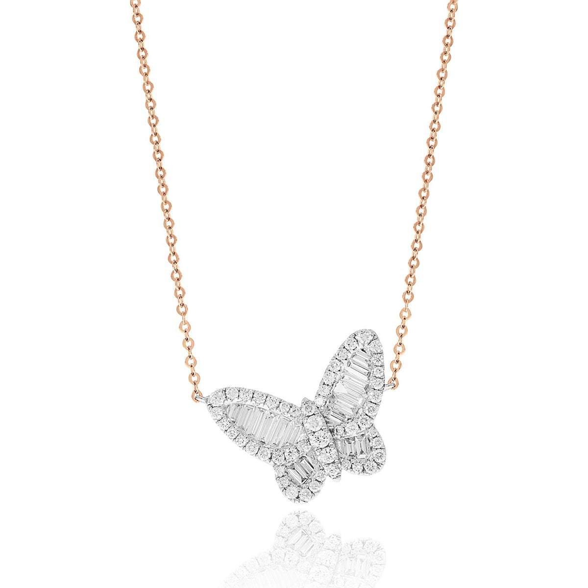 Baguette Diamond Butterfly Necklace designed with detail,14k gold and adorned with baguette diamonds