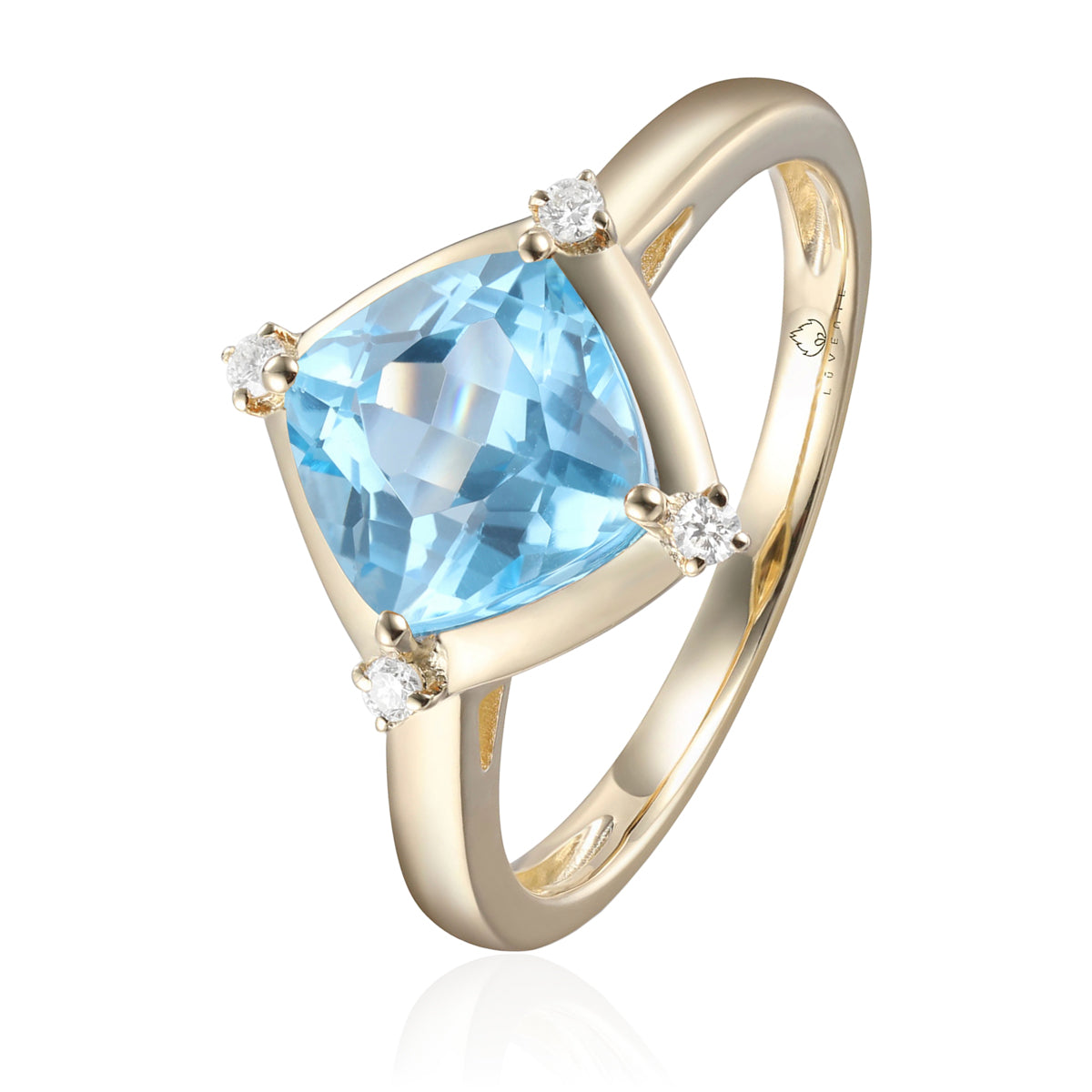 Stunning ring with a gemstone at an angle with diamonds at each corner to accentuate its color. 
