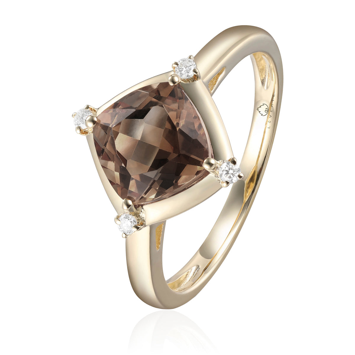 Stunning ring with a gemstone at an angle with diamonds at each corner to accentuate its color. 