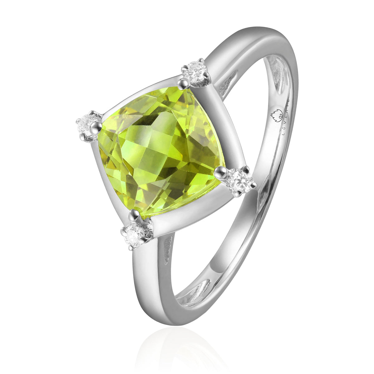 Stunning ring with a gemstone at an angle with diamonds at each corner to accentuate its color. 