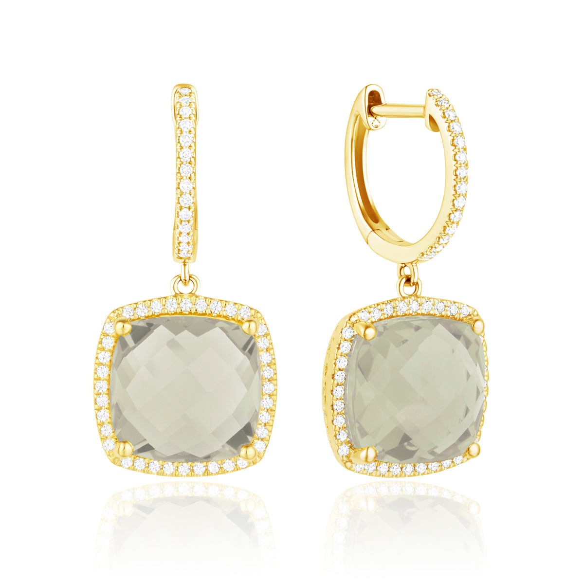Checkerboard Cushion earrings, cushion gemstones for a pop of color with diamond halo
