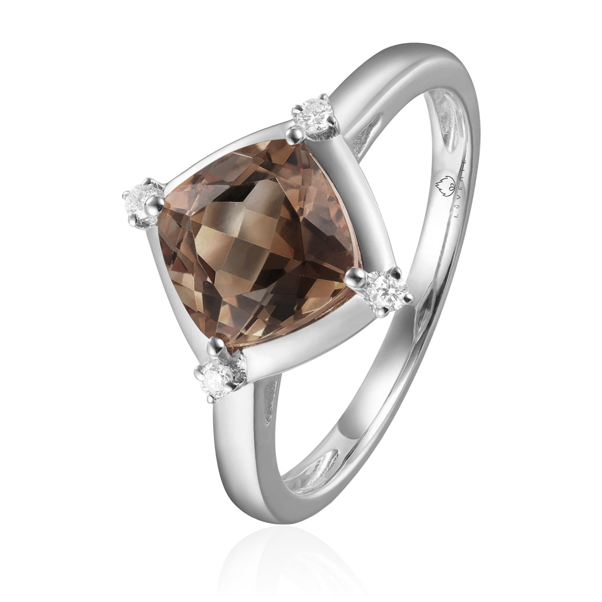 Stunning ring with a gemstone at an angle with diamonds at each corner to accentuate its color. 