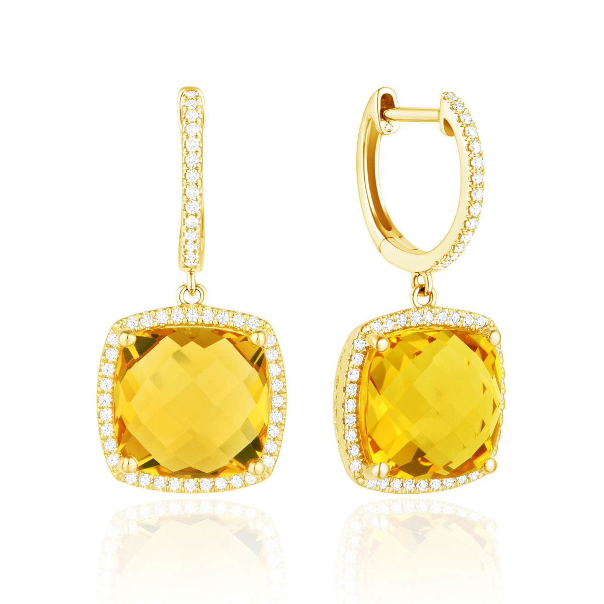 Checkerboard Cushion earrings, cushion gemstones for a pop of color with diamond halo